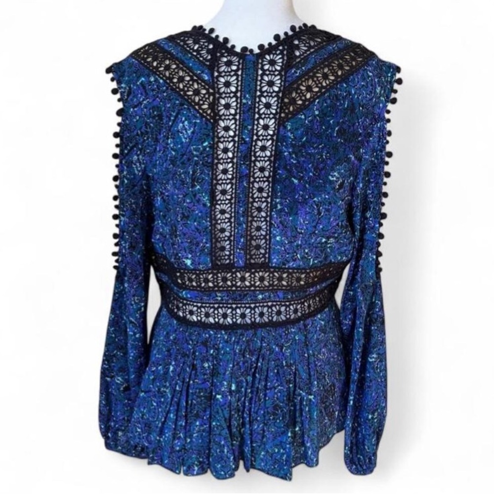 Rebecca Taylor Blue Long-Sleeve Paisley Cold-Shoulder Silk Lace Blouse size 6 - Picture 5 of 10